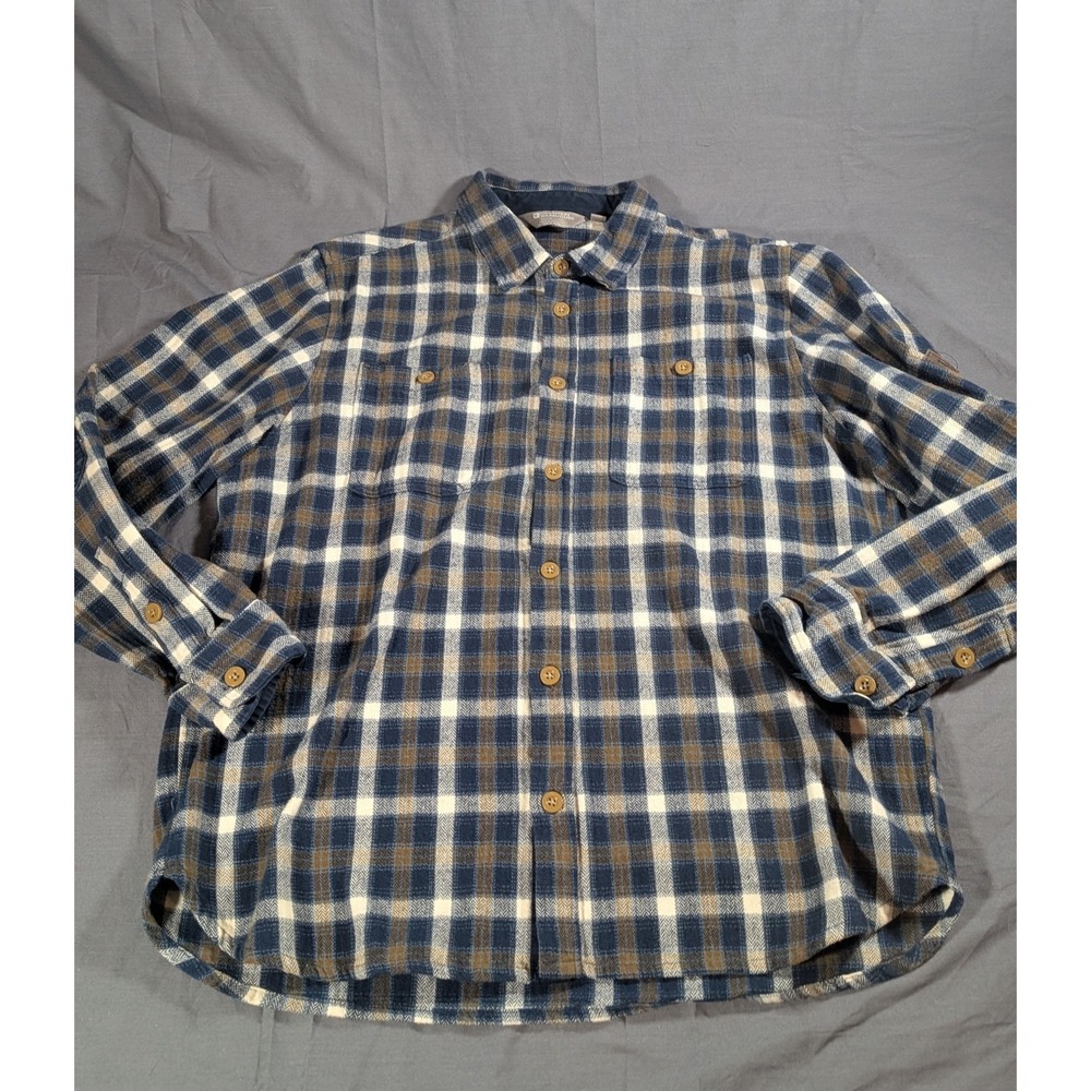 MOUNTAIN WAREHOUSE Mens Flannel Shirt  Large - Blue & Brown Plaid W/ Blue Elbows